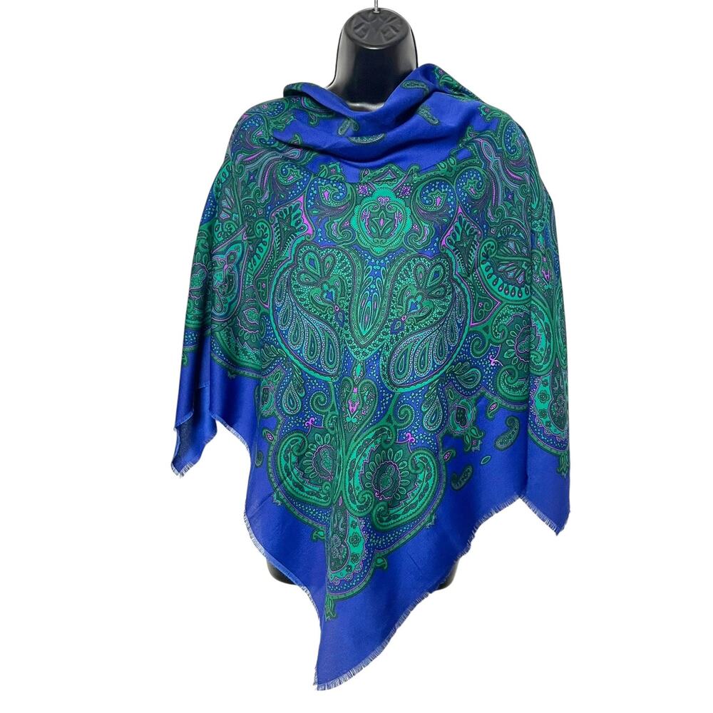 Vintage Green Paisley Shawl Scarf 1980s 1990s Blue Pink Oversized Statement